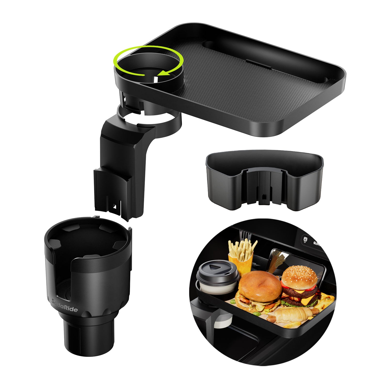 Car Cup Holder Tray Expander 4 in 1 Detachable Food Table Tray with Storage Box
